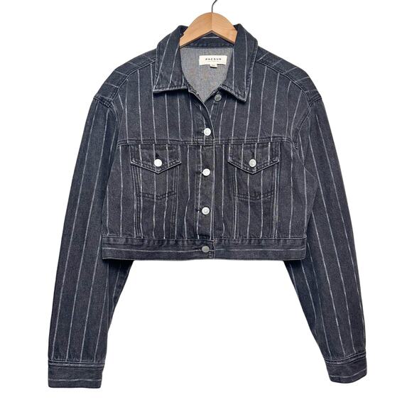 PacSun | Women | Faded Wash Black Stripe Cropped Denim Jacket | Size M-L - Picture 2 of 11